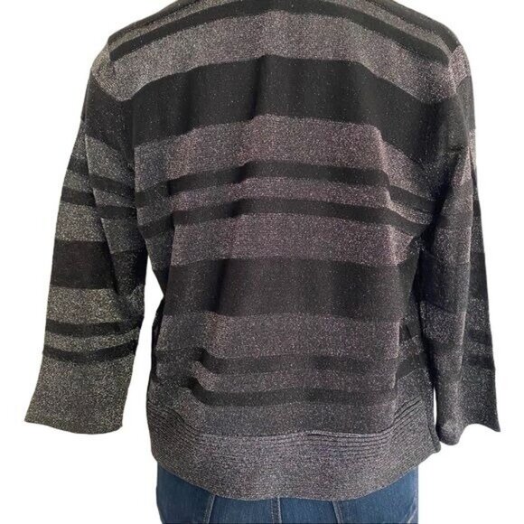 August Silk Black Gray Shimmery Metallic Striped 3/4 Sleeve Cardigan Sweater Siz - Picture 11 of 12